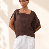 100% Linen Asymmetrical Square Neck Cropped Blouse