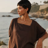 100% Linen Asymmetrical Square Neck Cropped Blouse
