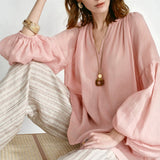100% Linen Balloon Sleeve Blouse