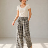 100% Linen Black Gingham Pattern Wide Leg Drawstring Pants