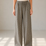 100% Linen Black Gingham Pattern Wide Leg Drawstring Pants