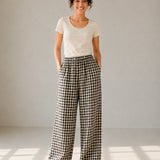 100% Linen Black Gingham Pattern Wide Leg Drawstring Pants