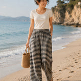 100% Linen Black Gingham Pattern Wide Leg Drawstring Pants