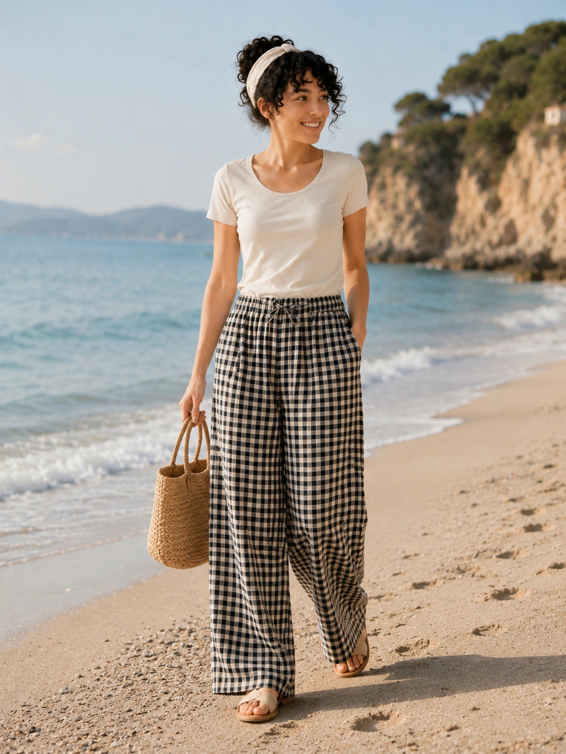 100% Linen Black Gingham Pattern Wide Leg Drawstring Pants