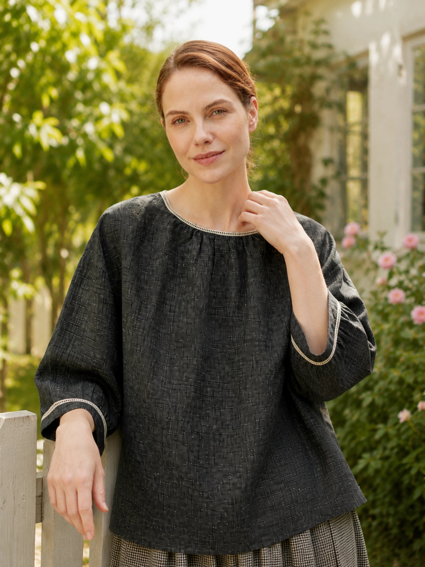 100% Linen Black Plaid Top