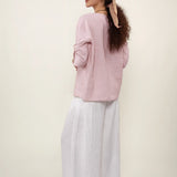 100% Linen Blouse Round Neck Twist Cuff Half Sleeve Blouse