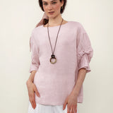 100% Linen Blouse Round Neck Twist Cuff Half Sleeve Blouse