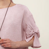 100% Linen Blouse Round Neck Twist Cuff Half Sleeve Blouse