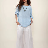 100% Linen Blouse Round Neck Twist Cuff Half Sleeve Blouse