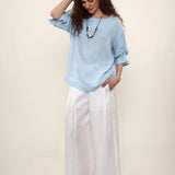 100% Linen Blouse Round Neck Twist Cuff Half Sleeve Blouse