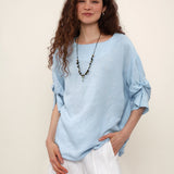 100% Linen Blouse Round Neck Twist Cuff Half Sleeve Blouse
