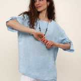 100% Linen Blouse Round Neck Twist Cuff Half Sleeve Blouse