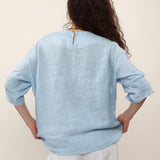 100% Linen Blouse Round Neck Twist Cuff Half Sleeve Blouse