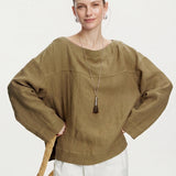 100% Linen Boat Neck Tie-Back Long Sleeve Blouse