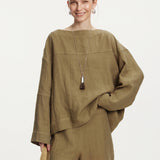 100% Linen Boat Neck Tie-Back Long Sleeve Blouse
