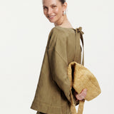 100% Linen Boat Neck Tie-Back Long Sleeve Blouse