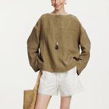 100% Linen Boat Neck Tie-Back Long Sleeve Blouse