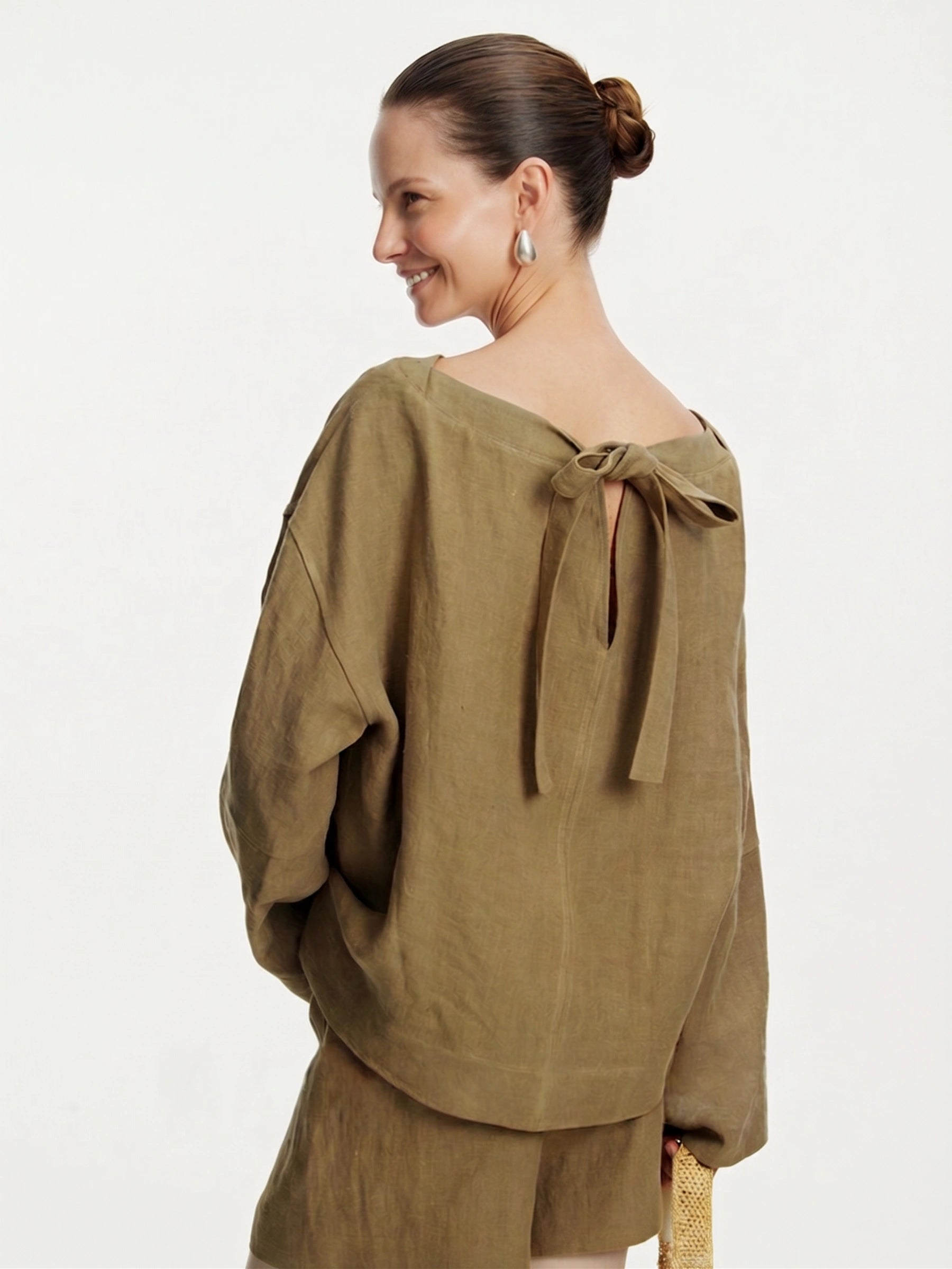 100% Linen Boat Neck Tie-Back Long Sleeve Blouse