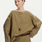 100% Linen Boat Neck Tie-Back Long Sleeve Blouse