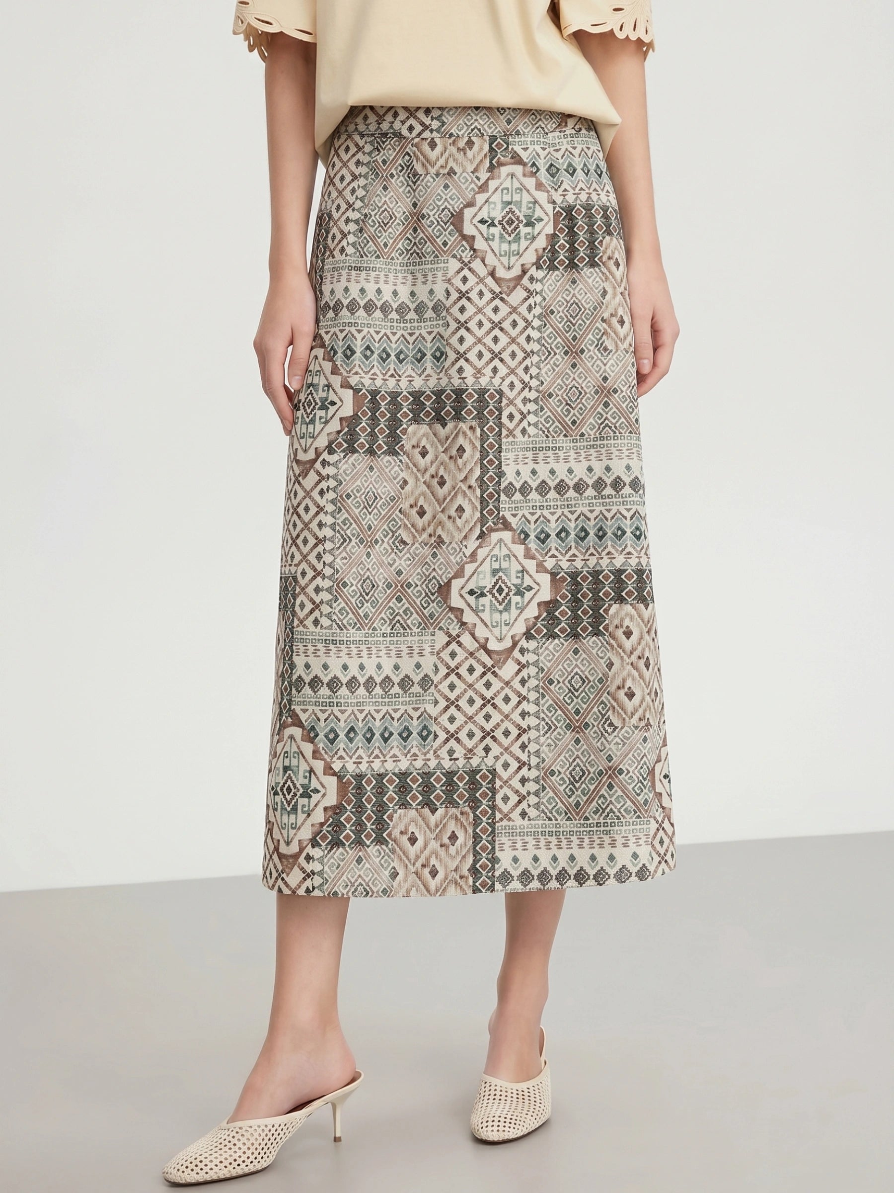100% Linen Boho Geometric Print Skirt