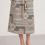 100% Linen Boho Geometric Print Skirt