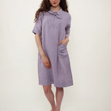 100% Linen Bow Collar Short Sleeve Shift Midi Dress