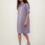100% Linen Bow Collar Short Sleeve Shift Midi Dress