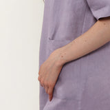 100% Linen Bow Collar Short Sleeve Shift Midi Dress