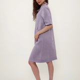 100% Linen Bow Collar Short Sleeve Shift Midi Dress