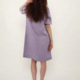 100% Linen Bow Collar Short Sleeve Shift Midi Dress