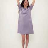100% Linen Bow Collar Short Sleeve Shift Midi Dress