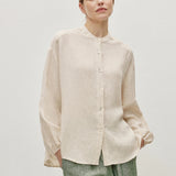 100% Linen Button Down Elastic Cuffs Long Sleeve Shirt