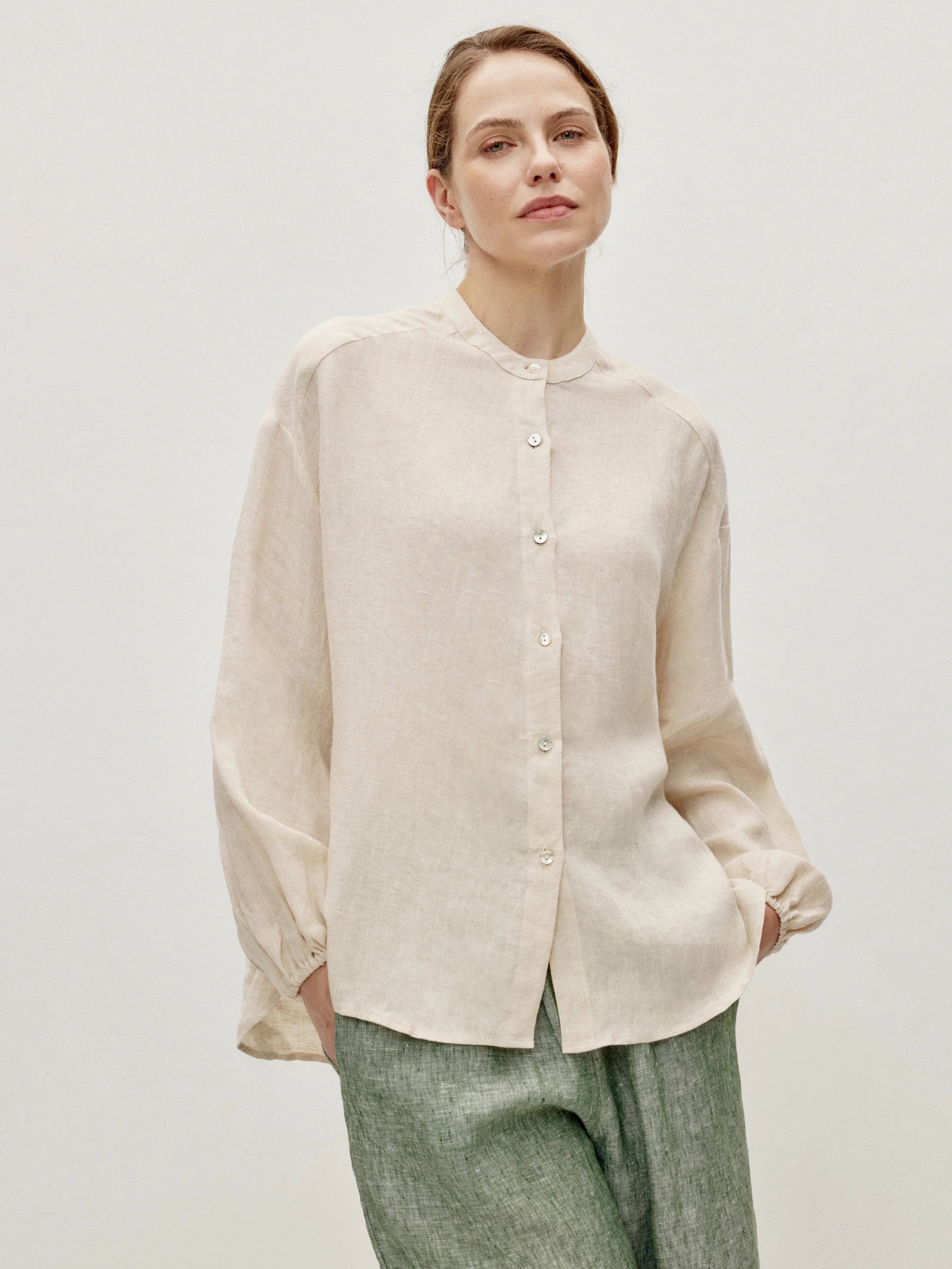 100% Linen Button Down Elastic Cuffs Long Sleeve Shirt