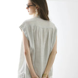 100% Linen Cap Sleeve Asymmetric Placket Blouse