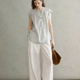 100% Linen Cap Sleeve Asymmetric Placket Blouse