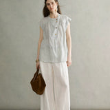 100% Linen Cap Sleeve Asymmetric Placket Blouse