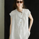 100% Linen Cap Sleeve Asymmetric Placket Blouse