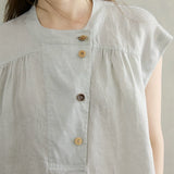 100% Linen Cap Sleeve Asymmetric Placket Blouse