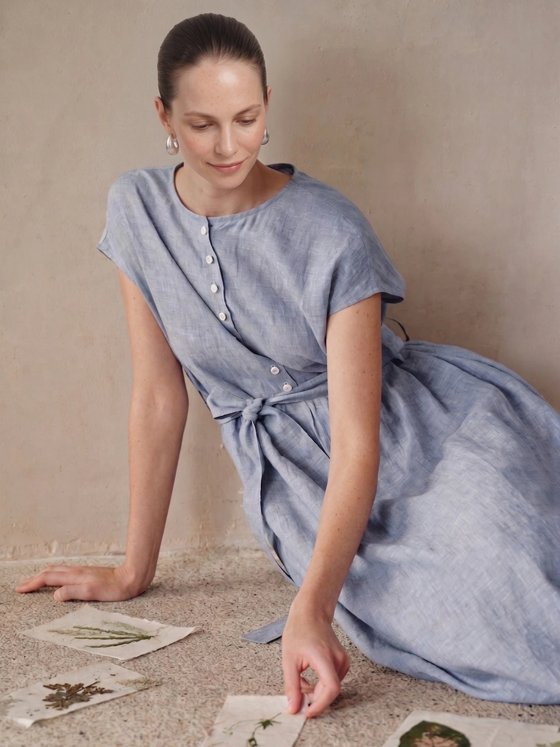 100% Linen Cap Sleeve Belted Waist Midi Dress  Linen Still