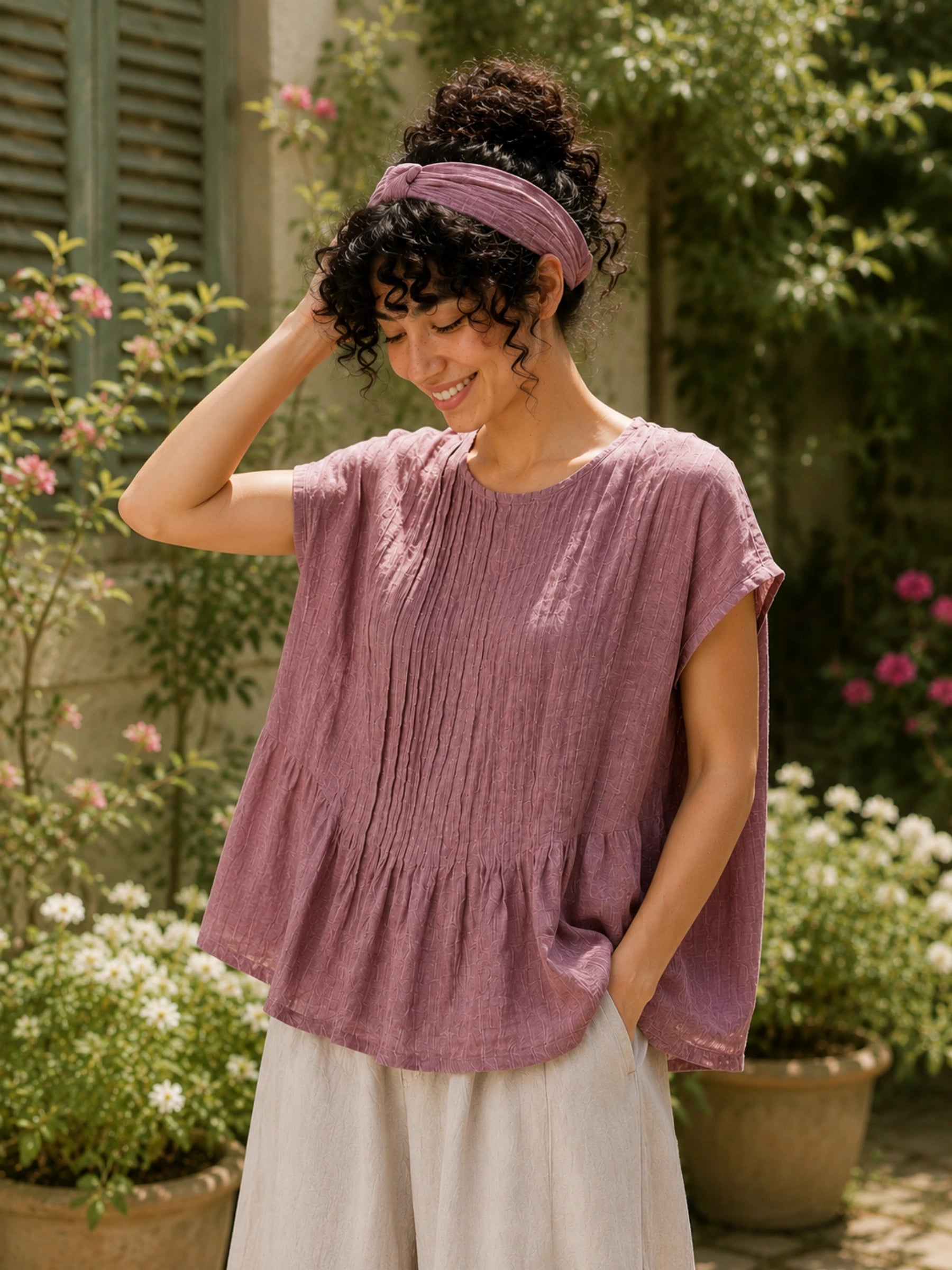 100% Linen Cape Sleeve Pleated Blouse