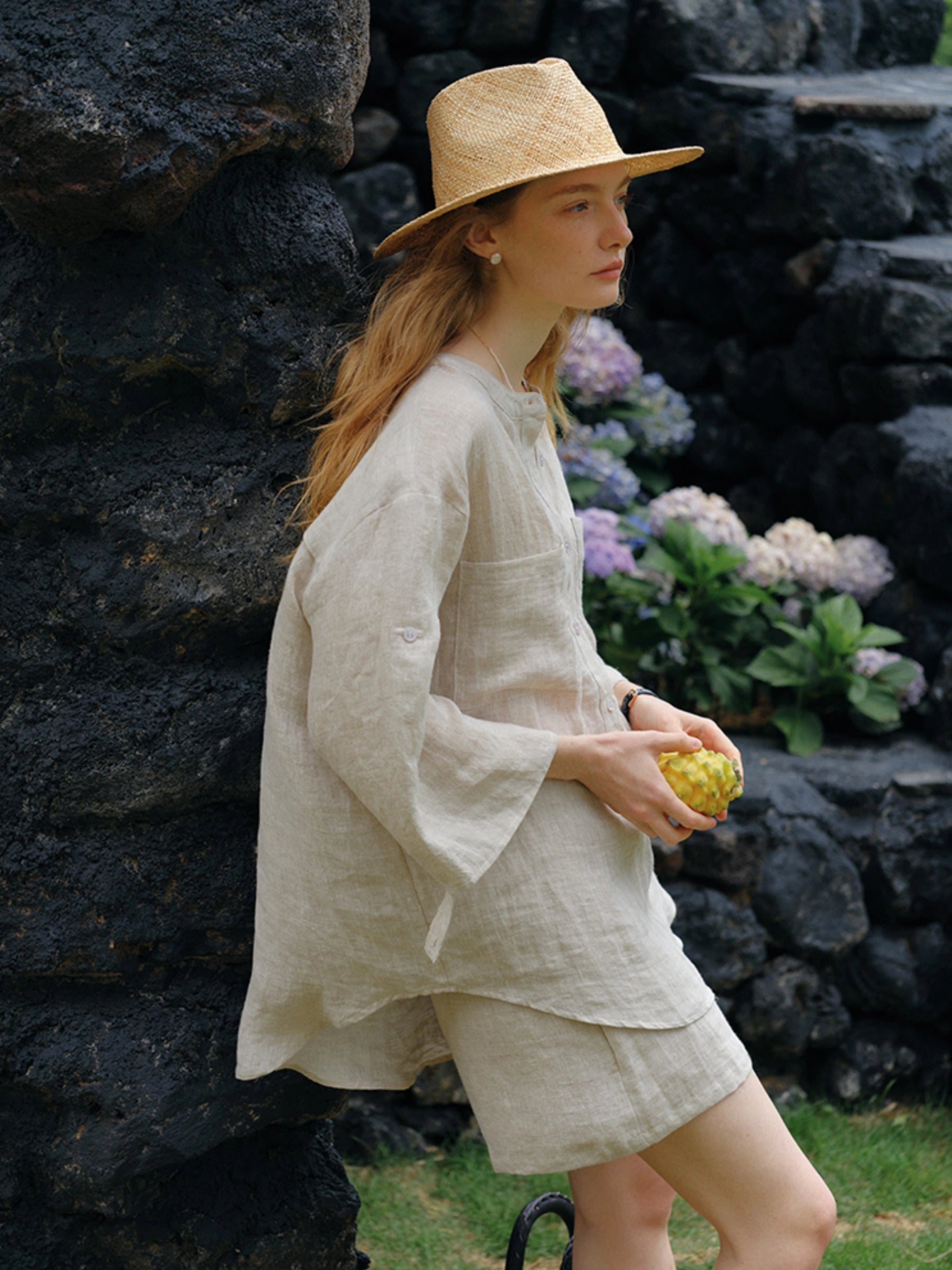 100% Linen Chest Pocket Roll-Tab Sleeve Tunic Shirt