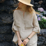 100% Linen Chest Pocket Roll-Tab Sleeve Tunic Shirt