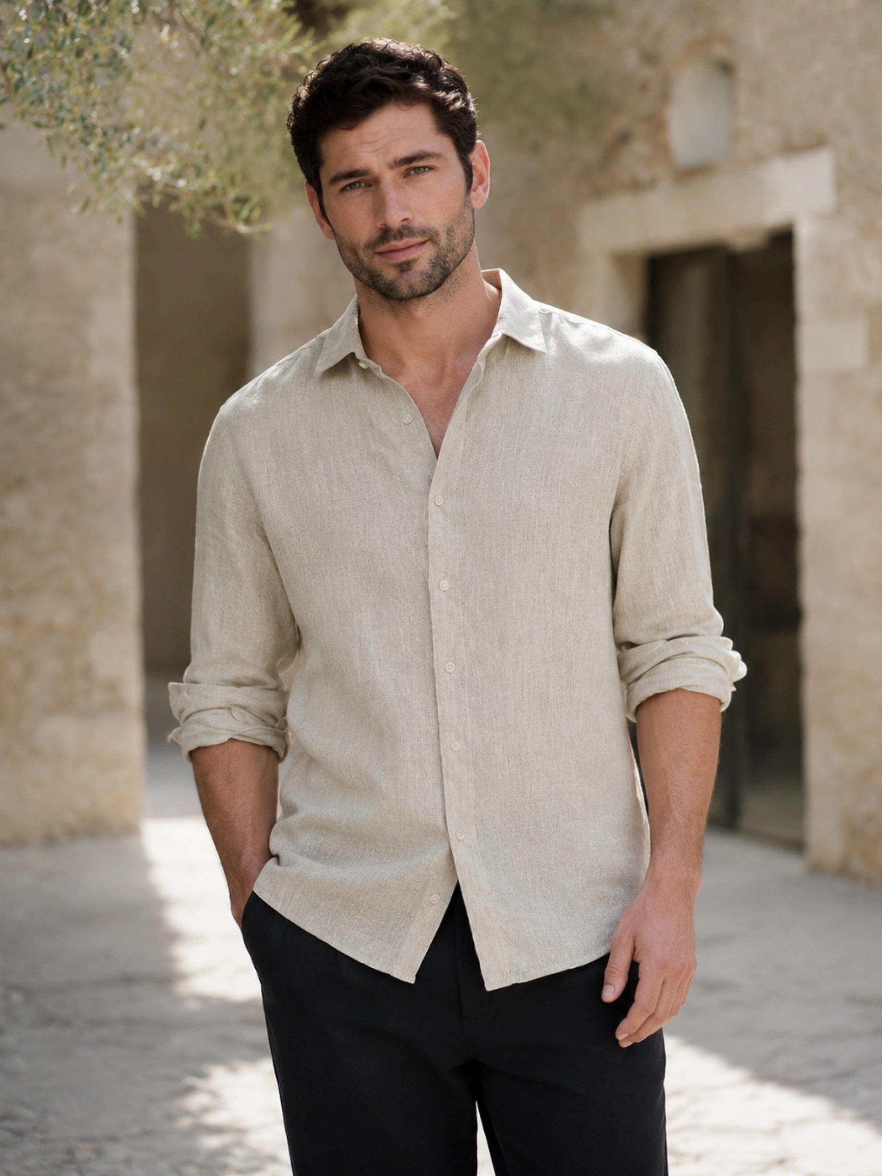 100% Linen Classic Collar Long Sleeve Shirt