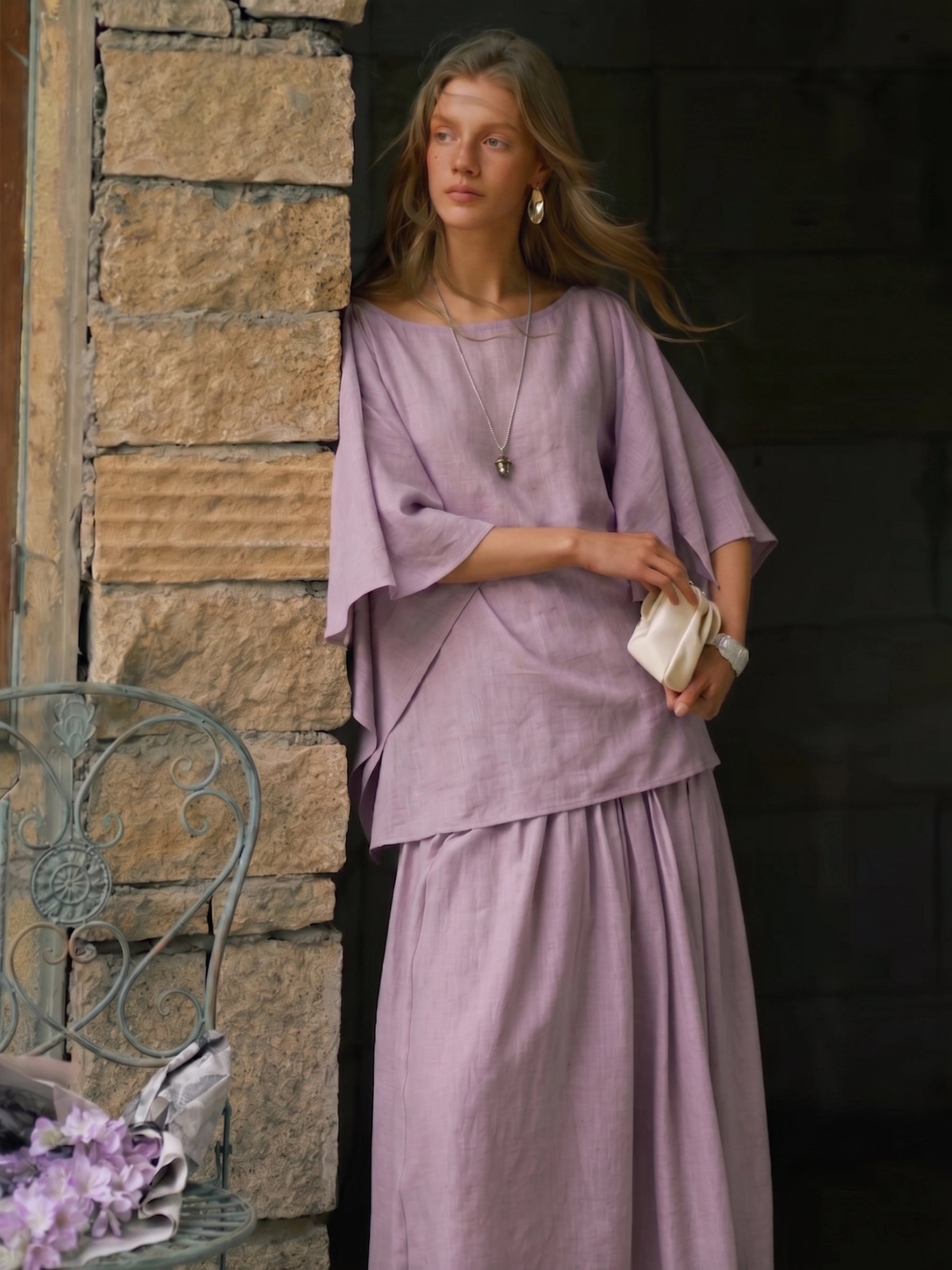 100% Linen Cold Shoulder Draped Blouse