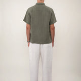 100% Linen Collar Half Placket Side Slit Short Sleeve Polo Shirt