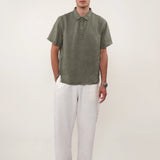 100% Linen Collar Half Placket Side Slit Short Sleeve Polo Shirt