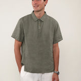 100% Linen Collar Half Placket Side Slit Short Sleeve Polo Shirt