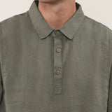 100% Linen Collar Half Placket Side Slit Short Sleeve Polo Shirt
