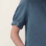 100% Linen Collar Puff Sleeve Midi Dress