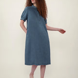 100% Linen Collar Puff Sleeve Midi Dress